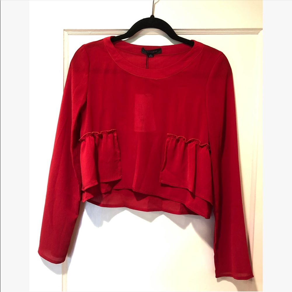 Red Long-Sleeved Crop Top w Ruffle Detail